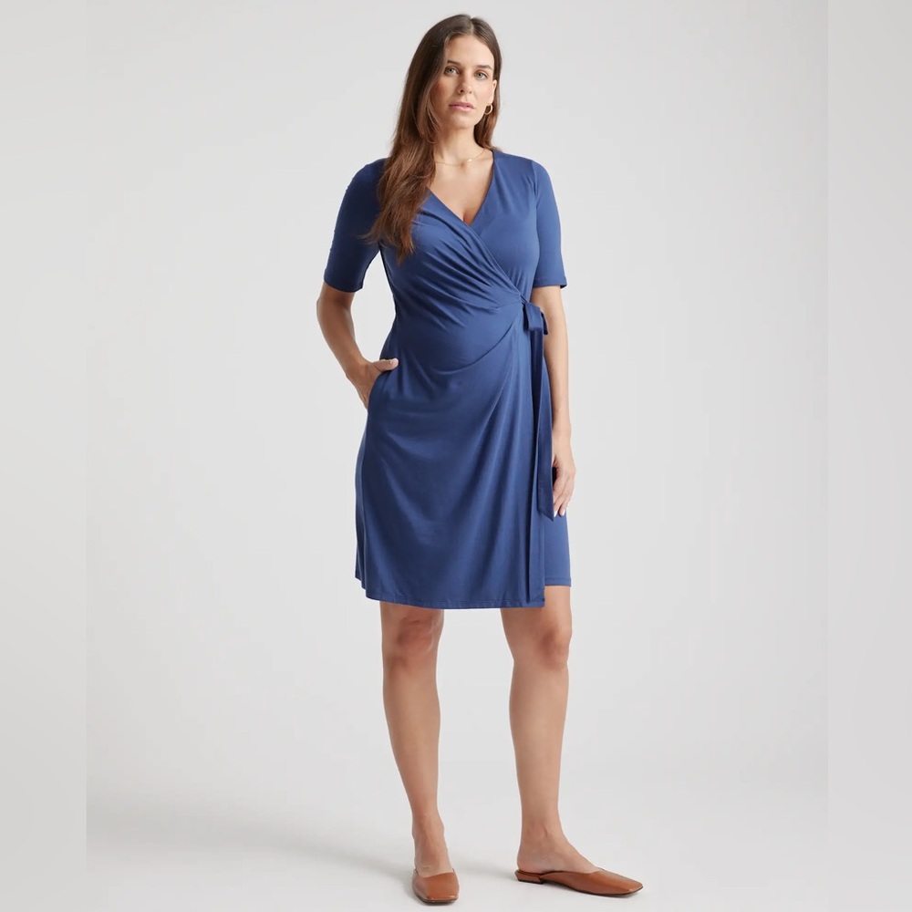 Quince Maternity Nursing Wrap Dress Small Navy Blue Tencel Jersey Wear to Work